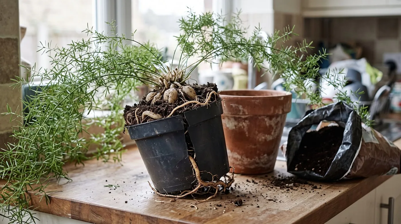 Root-bound asparagus fern with chunky tubers pushing up the compost and splitting its plastic pot