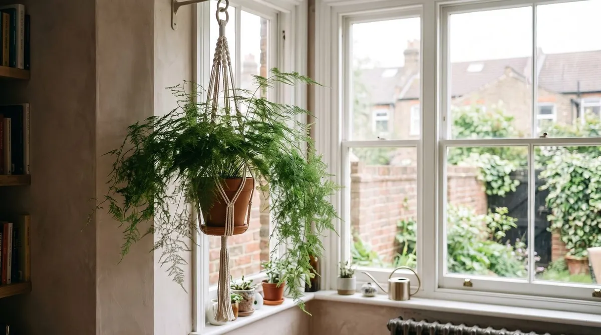 Asparagus fern in a hanging macrame planter near a bright window in a UK flat