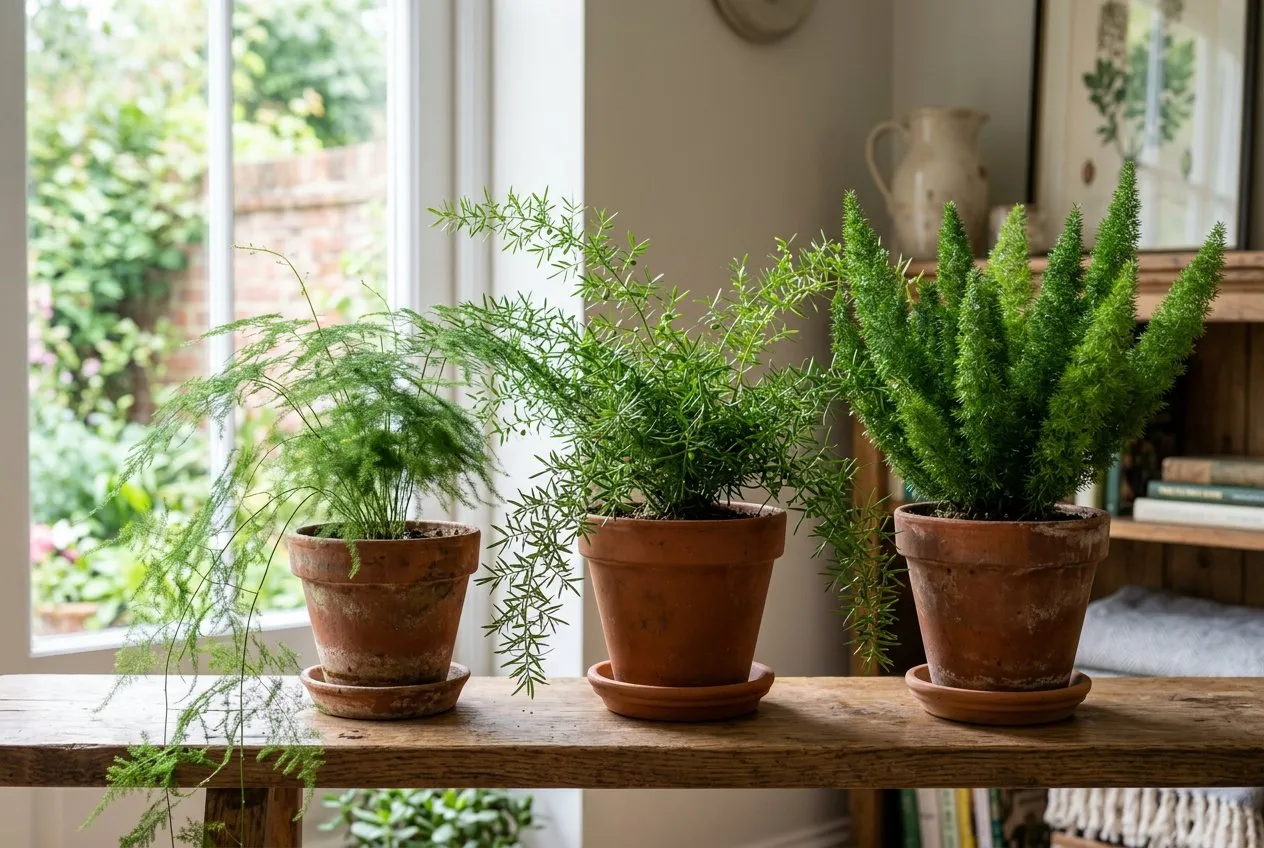 Three asparagus fern varieties compared side by side, setaceus, Sprengeri, and Myers foxtail fern in terracotta pots