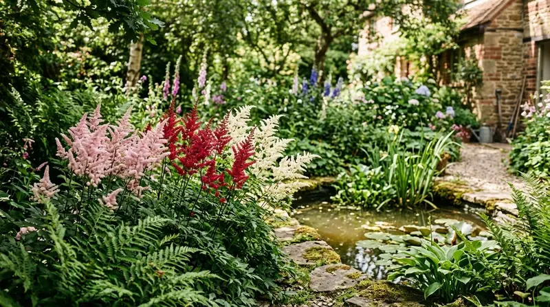 Astilbe plumes in pink red and white flowering beside a pond in a shaded UK garden