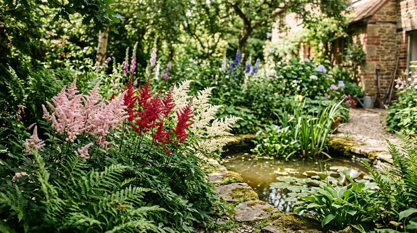 Astilbe plumes in pink red and white flowering beside a pond in a shaded UK garden