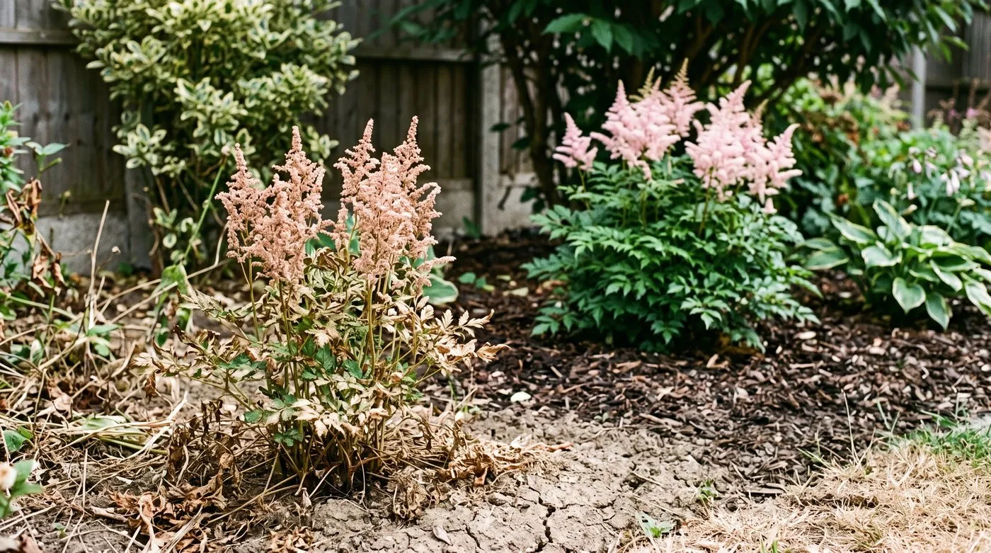 Astilbe with brown, crispy scorched leaf edges in dry soil next to a healthy clump in damp shade