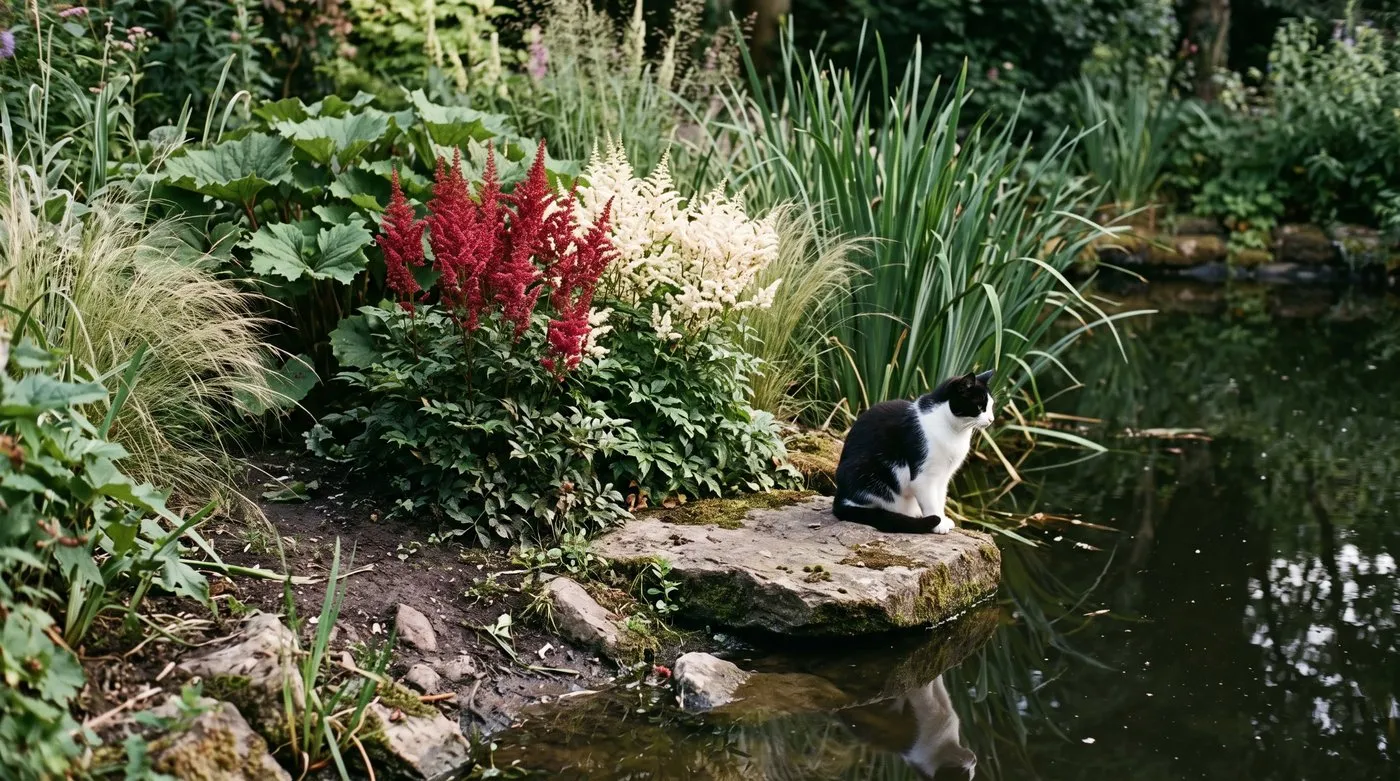 Red and white astilbe plumes growing in moist soil beside a garden pond, with a cat on the edge