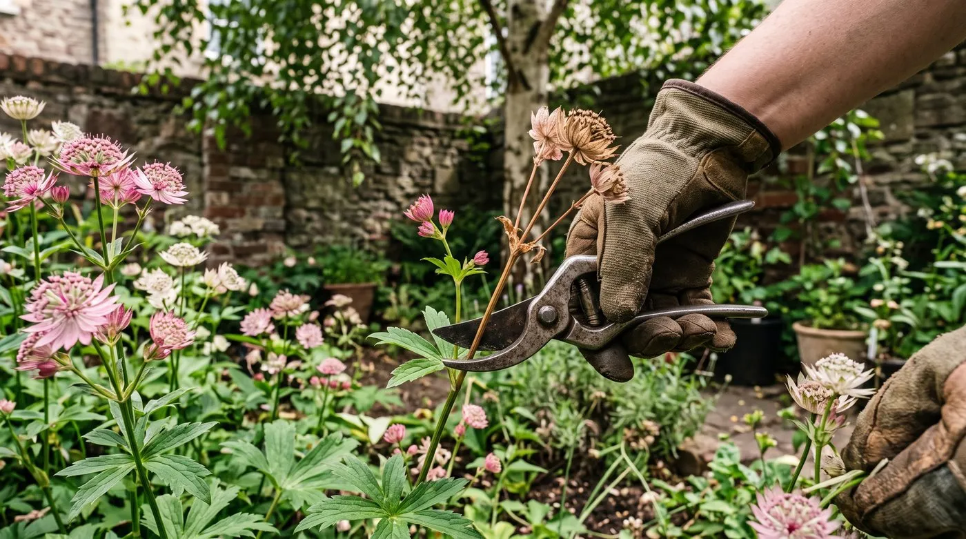 Secateurs cutting a faded astrantia stem back to a side shoot with new flower buds