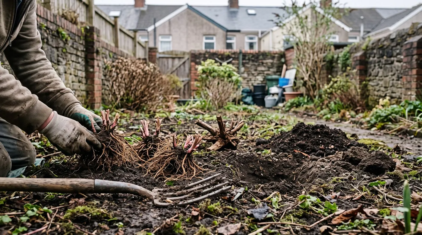 Astrantia clump lifted with a garden fork and split into rooted pieces, with the woody centre set aside