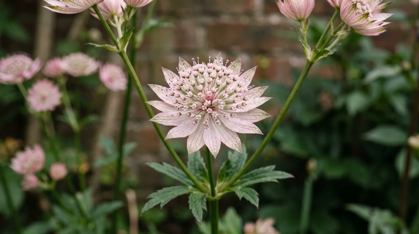 Close-up of an astrantia flower showing the pincushion of tiny florets inside a ruff of papery pink bracts