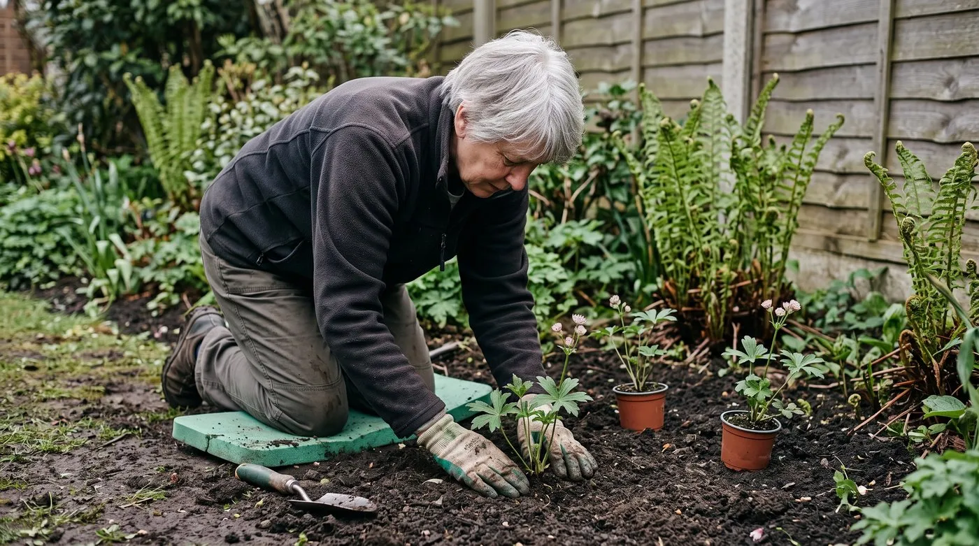 Older woman planting an astrantia into compost-enriched soil in a shady border, with more plants spaced out nearby