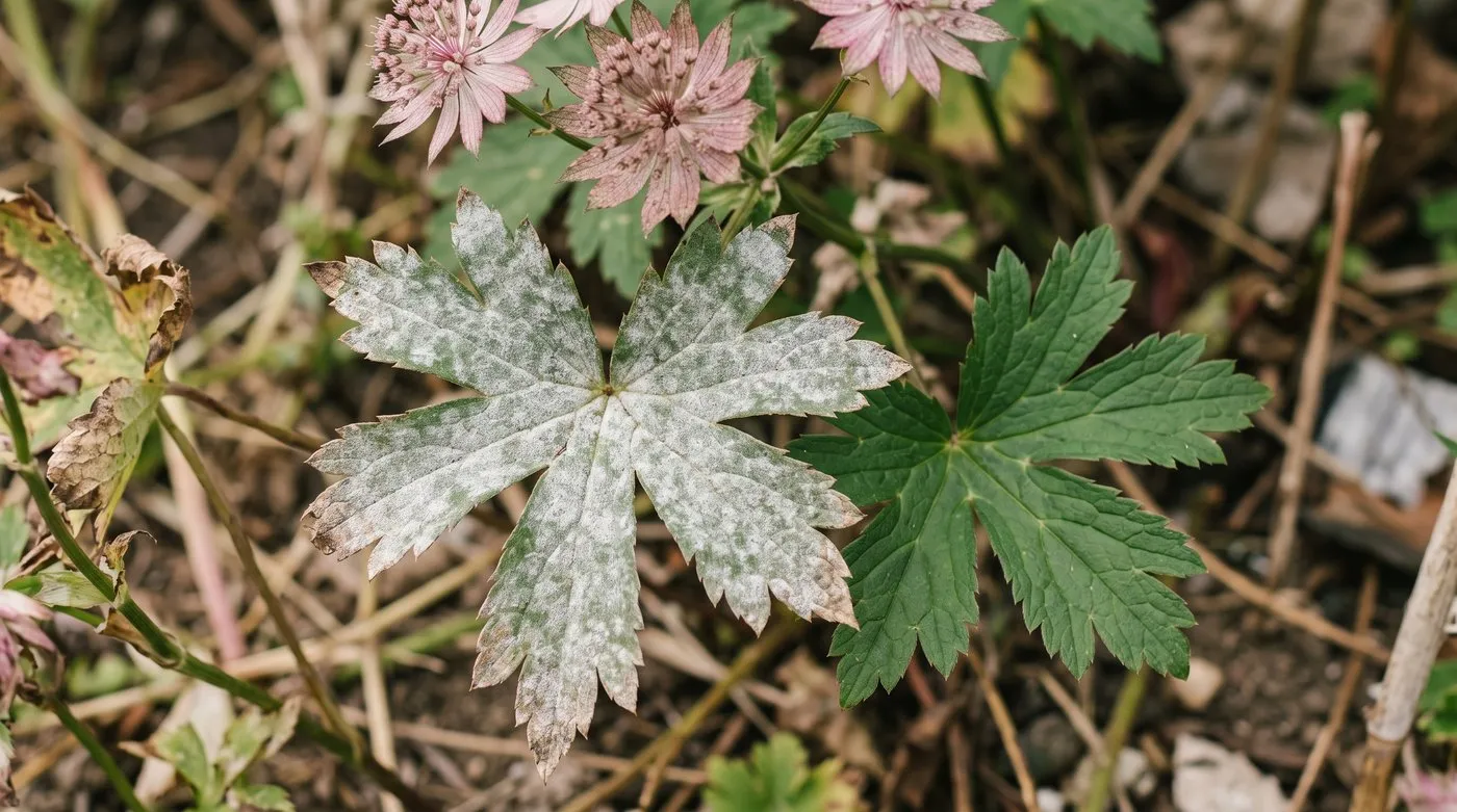 Astrantia leaves with a white coating of powdery mildew next to a healthy green leaf