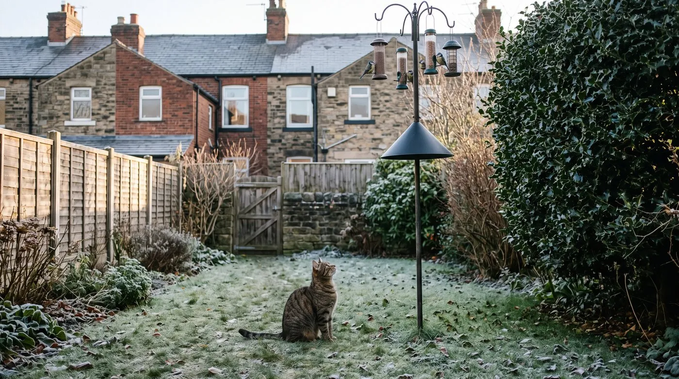 Tabby cat on a lawn looking up at a pole bird feeder with a baffle, standing in the open away from a hedge