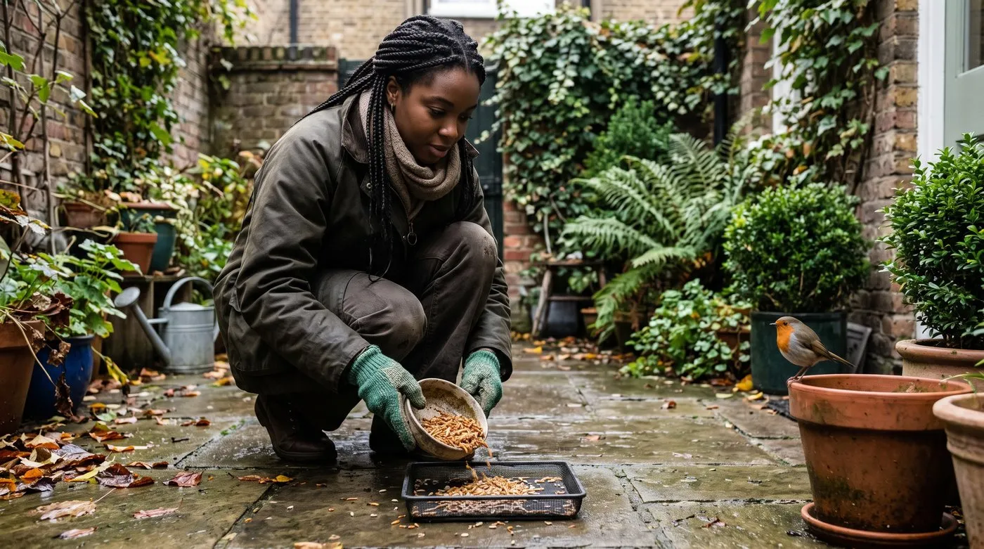 Gardener tipping soaked mealworms onto a low ground tray while a robin waits on a nearby plant pot