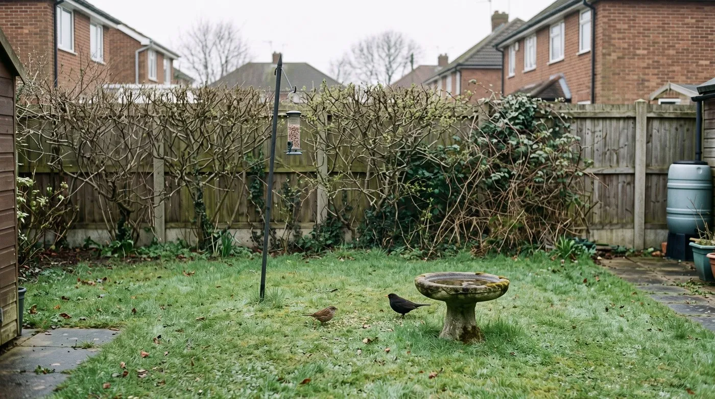 Small suburban garden with a hawthorn hedge, a shallow bird bath and a tube feeder near the hedge
