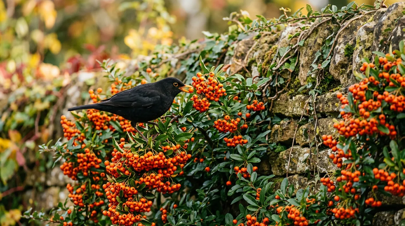 Pyracantha covered in bright orange berries against a garden wall with a blackbird feeding on the fruit