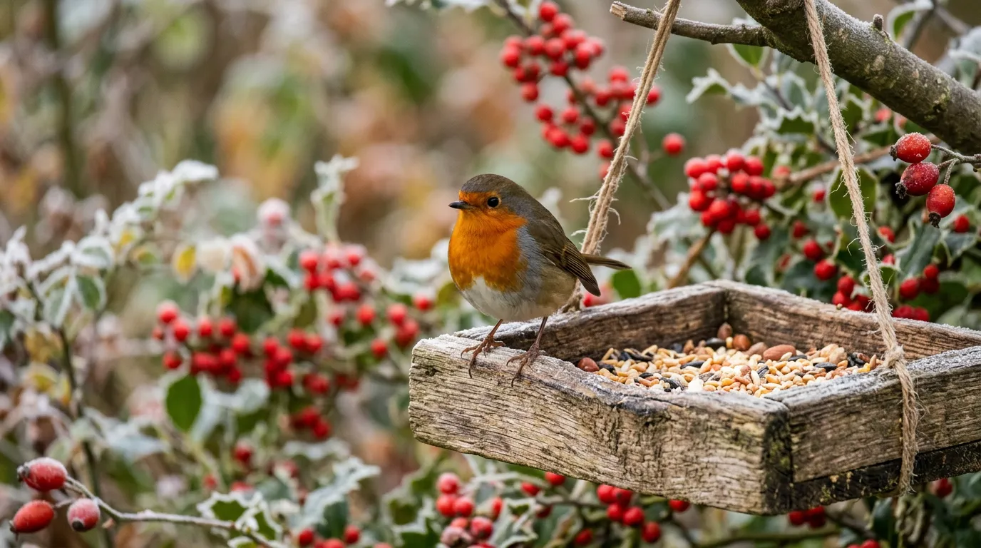 Robin perched on a wooden bird feeder in an English garden with winter berries in the background