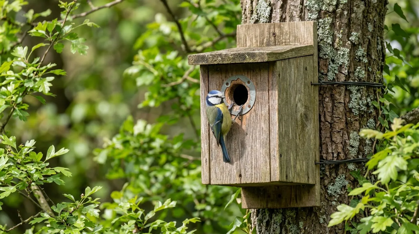 Bird nest box mounted on a garden tree with a blue tit perched at the entrance hole