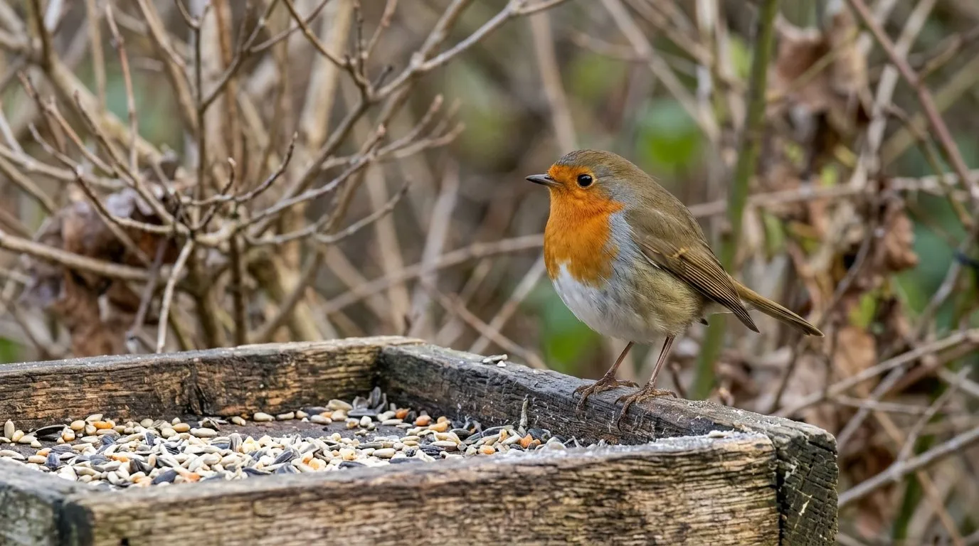 European robin feeding on a wooden bird table in a small London terraced-street garden with brick walls behind