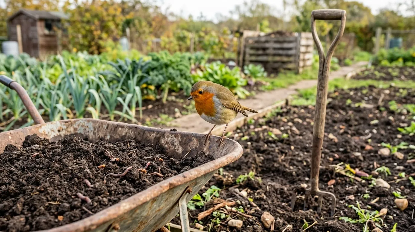 European robin perched on a garden fork handle beside a gardener digging a vegetable bed, waiting to attract robins to the turned soil