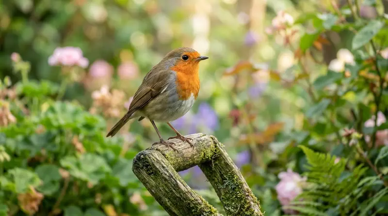 European robin with an orange-red breast perched on a spade handle in a UK garden border