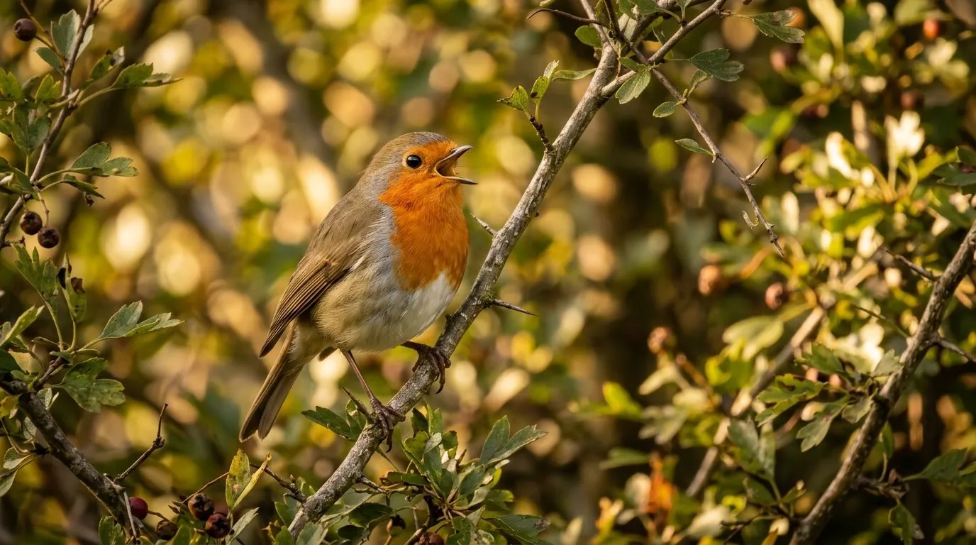 European robin singing from the top of a dense shrub in a coastal seaside garden with the sea visible behind