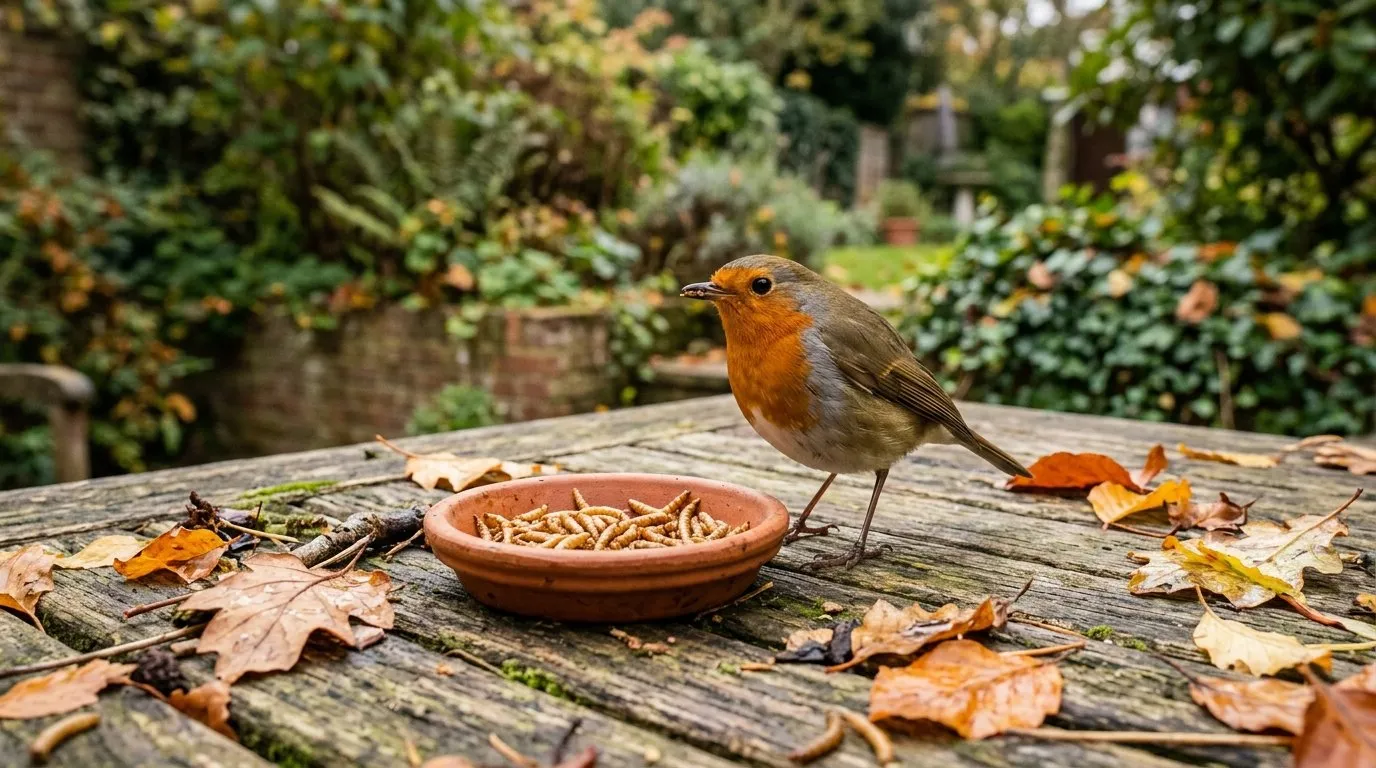 Woman offering dried mealworms from her hand to a European robin on a ground tray in a council-estate terrace garden