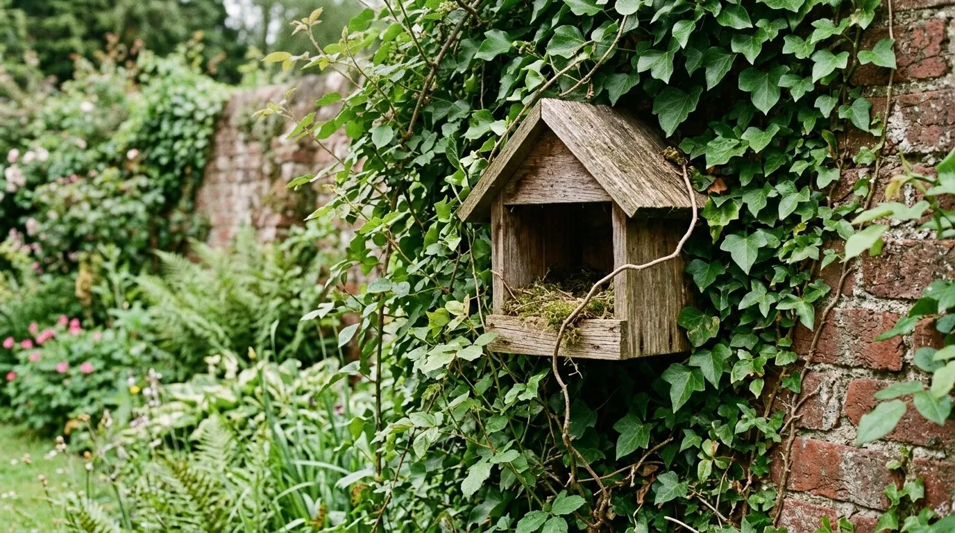 Open-fronted wooden nest box mounted in dense ivy on a rural cottage stone wall with a European robin at the entrance