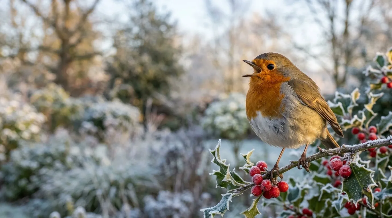 European robin singing on a snow-dusted hawthorn branch in a Lake District cottage garden in winter