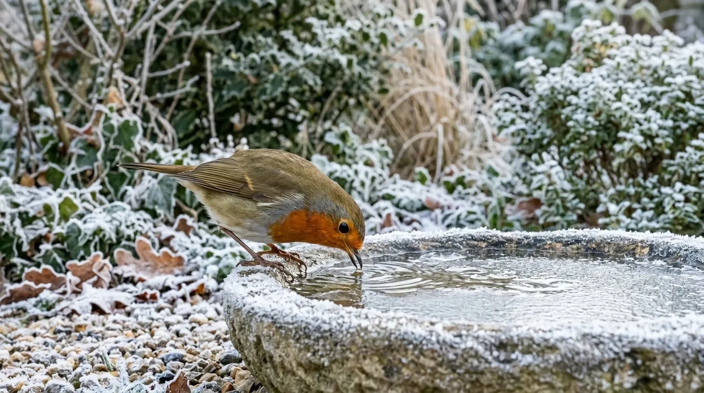 European robin drinking at a shallow stone water dish in a Scottish garden with heather and stone wall behind