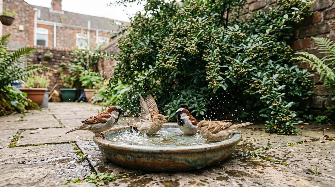 Group of house sparrows splashing in a wide, shallow ceramic bird bath in a small paved courtyard garden