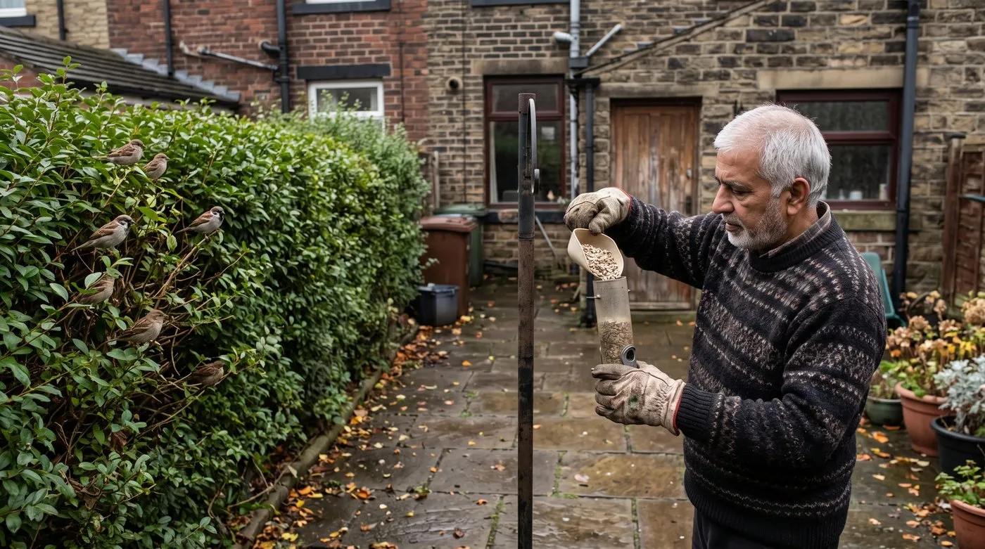 Man filling a tube feeder with sunflower hearts while house sparrows wait in a privet hedge nearby