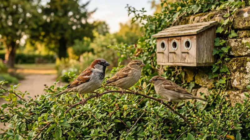 Group of house sparrows feeding in a UK garden hedge with a wooden colonial nest box visible
