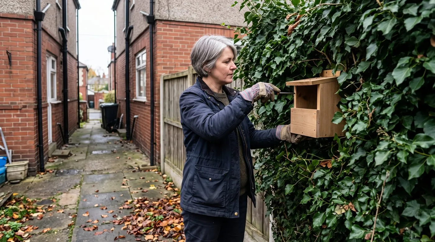 Woman fixing a small open-fronted wooden nest box into thick ivy on a shady garden fence