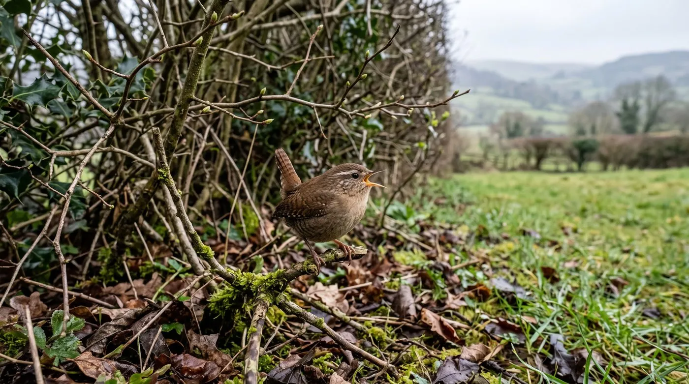 Tiny brown wren with cocked tail singing from a low twig at the base of a hawthorn and holly hedge