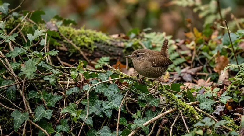 Eurasian wren perched in dense low ivy and hawthorn cover in a UK garden, cocked tail and pale eye stripe visible