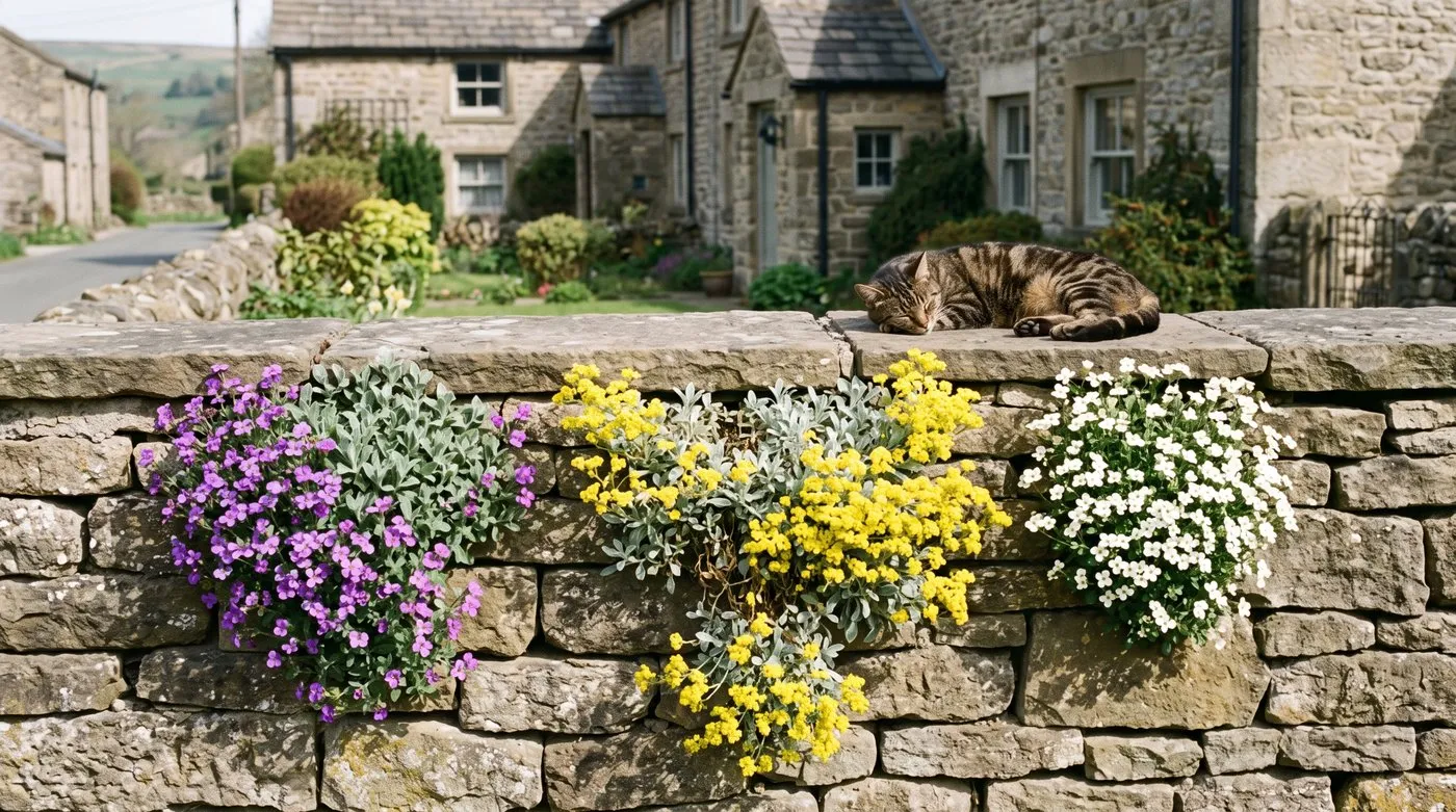 Purple aubretia, yellow alyssum and white arabis spilling over a stone wall in spring, with a tabby cat on top