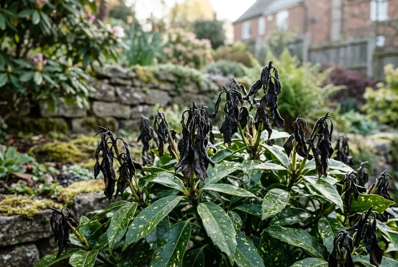Blackened soft new spring shoots on an aucuba, with the older leathery green leaves below completely undamaged, showing frost injury in a UK garden