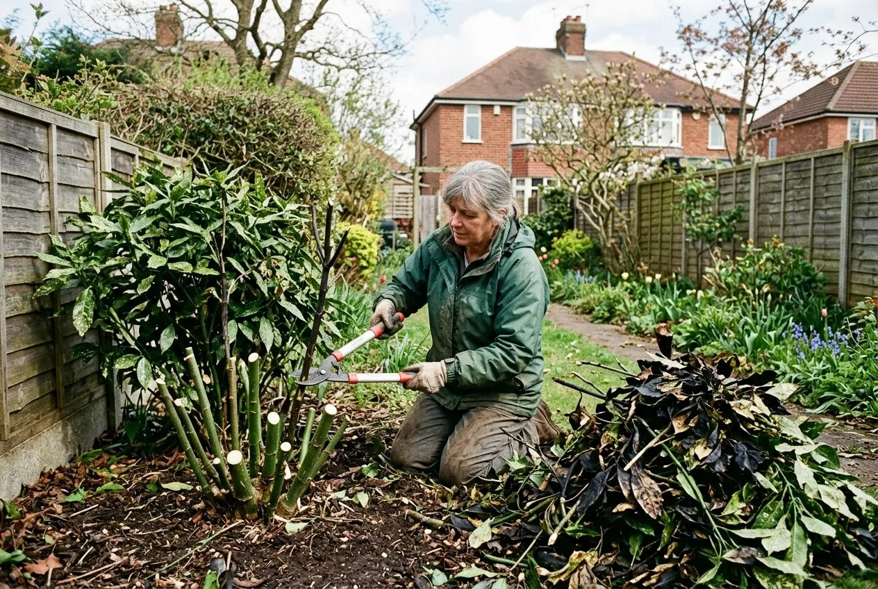 A gardener cutting blackened aucuba stems back to clean green wood with loppers in April, in a suburban UK back garden