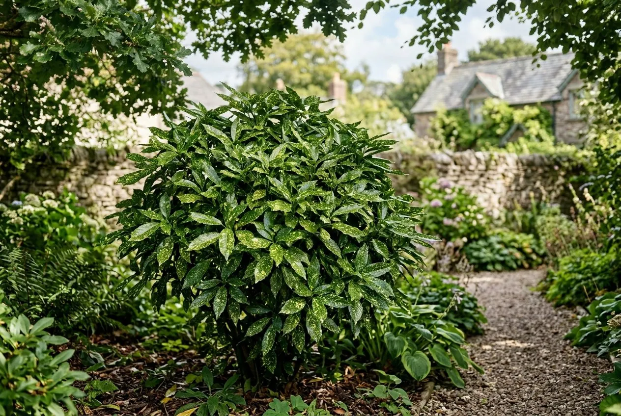 A healthy, dense gold-variegated aucuba Crotonifolia shrub thriving in a partly shaded UK border with glossy unblemished leaves