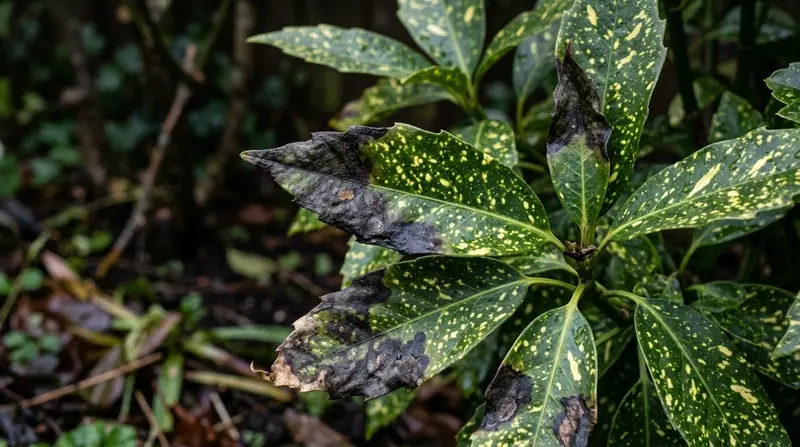 Close-up of blackened aucuba spotted laurel leaves with dark patches spreading from the leaf tips in a shady UK garden