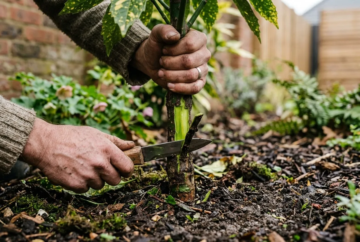 Hands scraping bark away at the base of an aucuba stem to reveal healthy green wood underneath, a check for phytophthora root rot staining in a UK garden