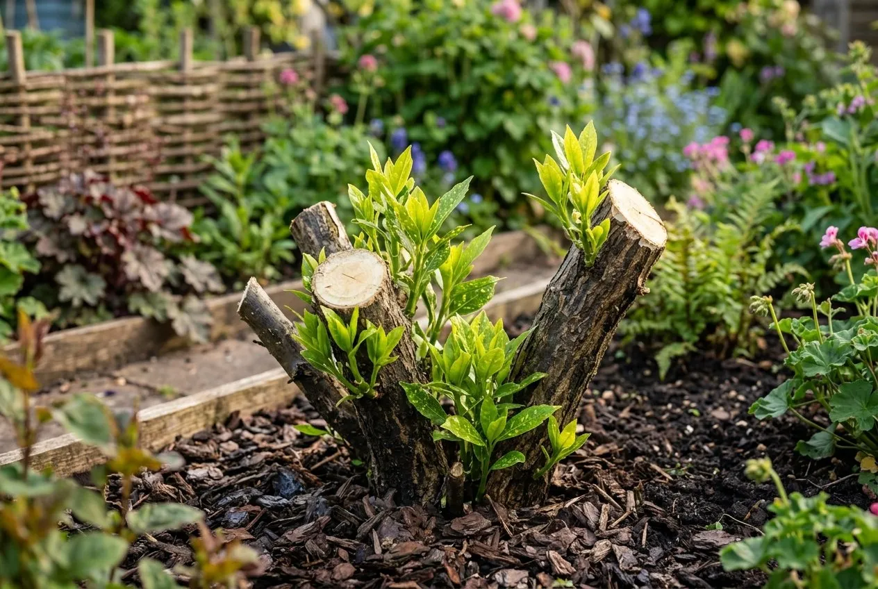 Fresh bright green shoots emerging from the cut stumps of a hard-pruned aucuba in early summer, showing recovery in a UK garden border