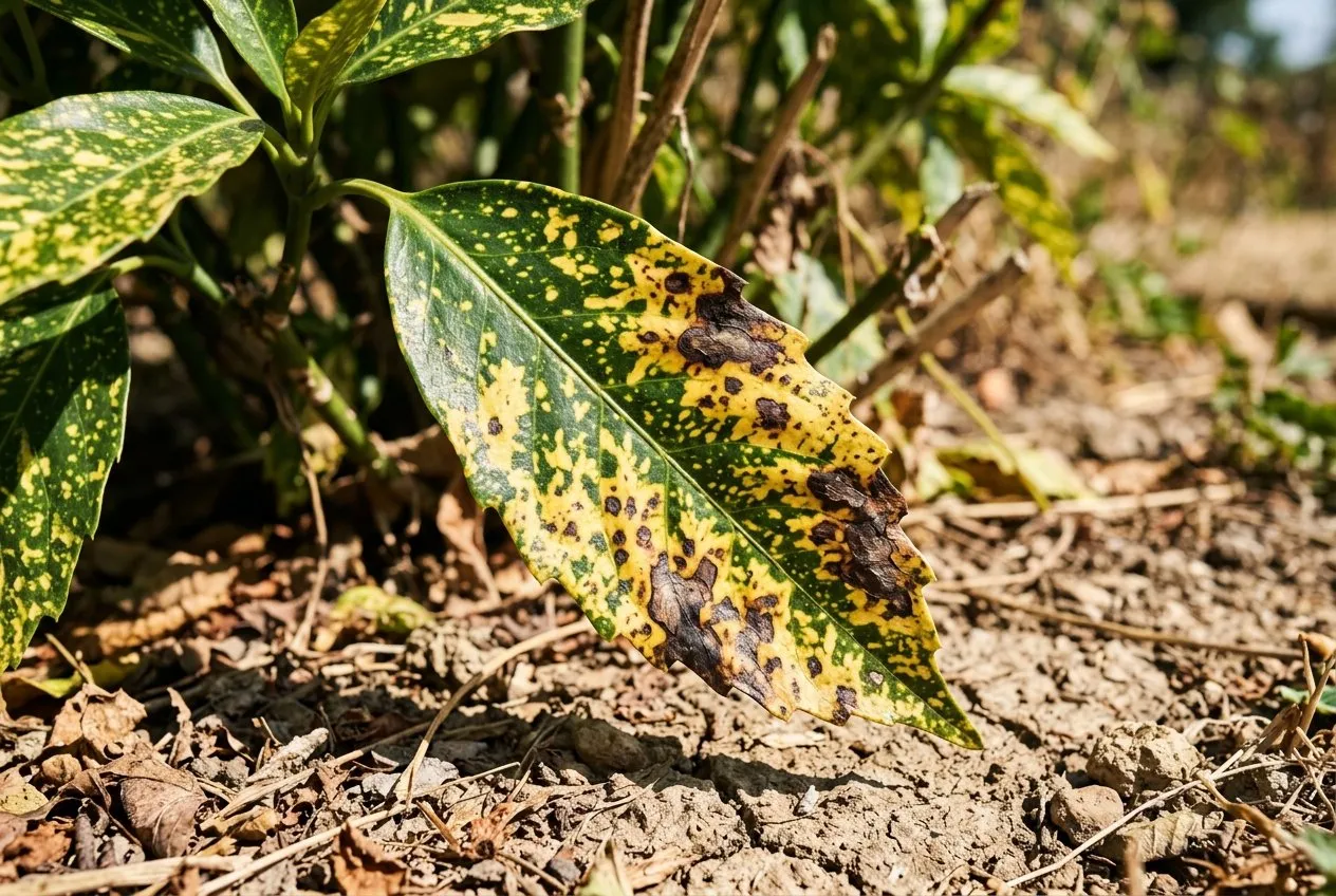 A gold-variegated aucuba Crotonifolia leaf showing brown-black scorched patches on the yellow-spotted areas, growing in a sunny dry UK border