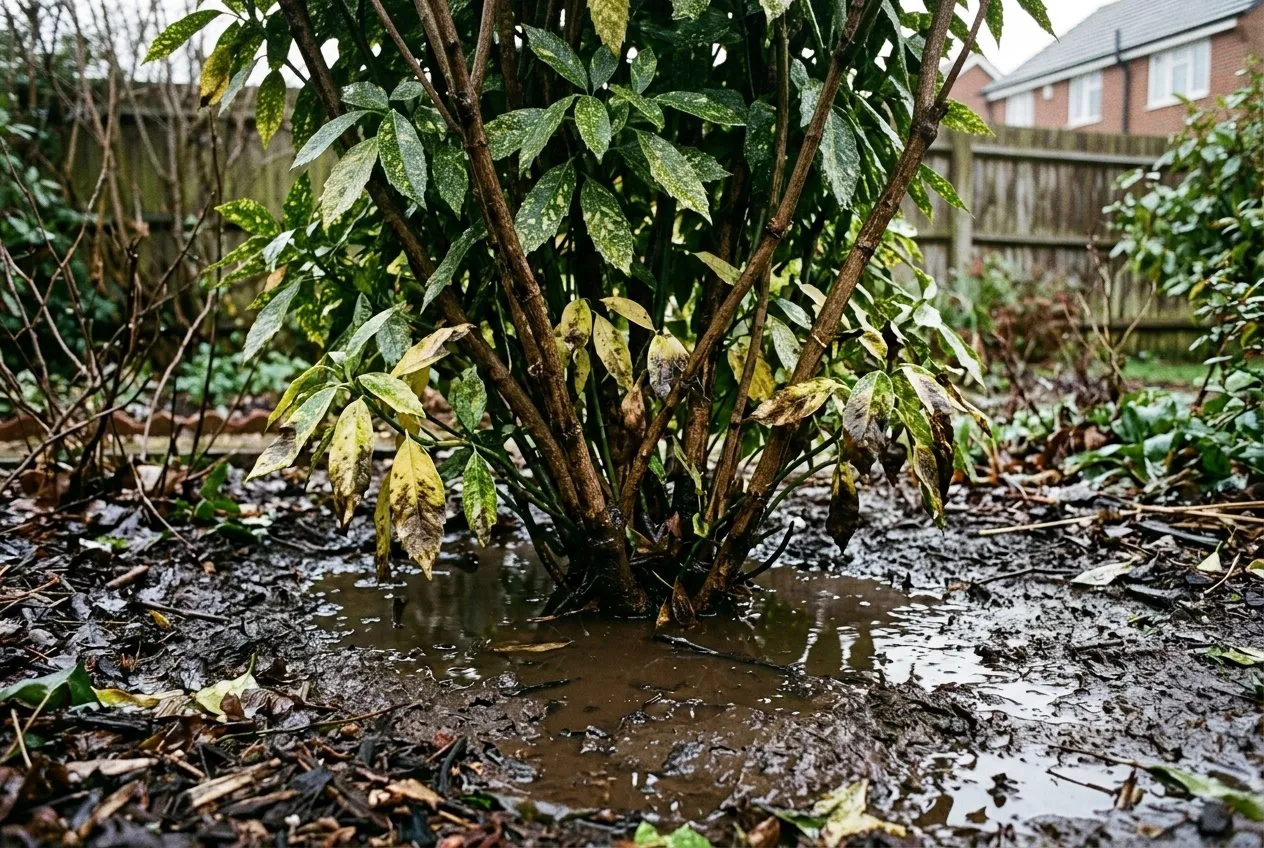 A spotted laurel shrub in waterlogged clay soil at the base, with standing water and blackening lower leaves in a UK garden after heavy winter rain