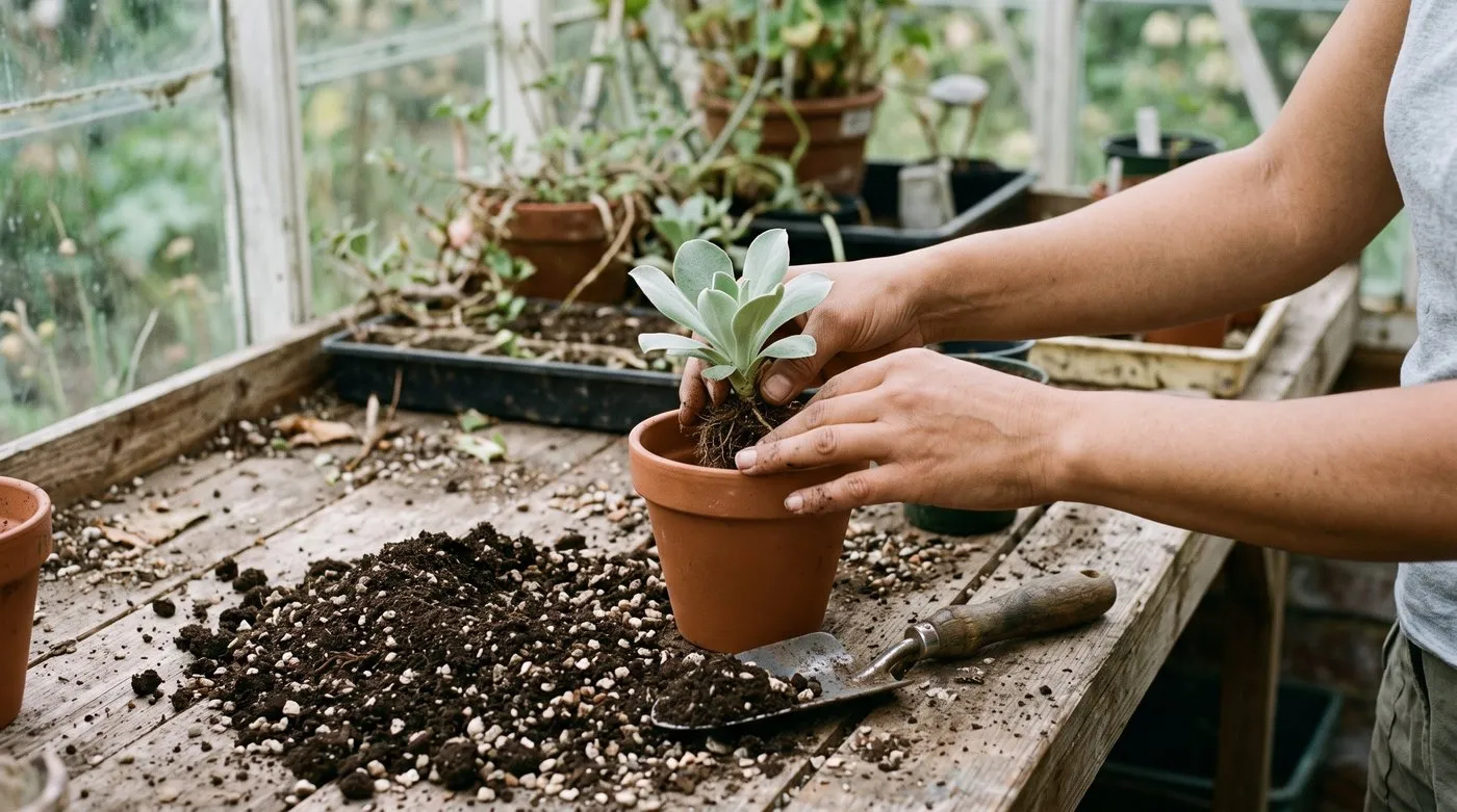Hands repotting an auricula rosette into a small clay pot of gritty compost on a greenhouse bench
