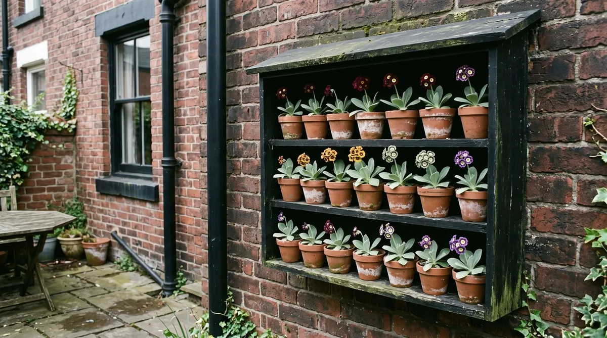 Black tiered auricula theatre with rows of potted auriculas in flower against a brick yard wall