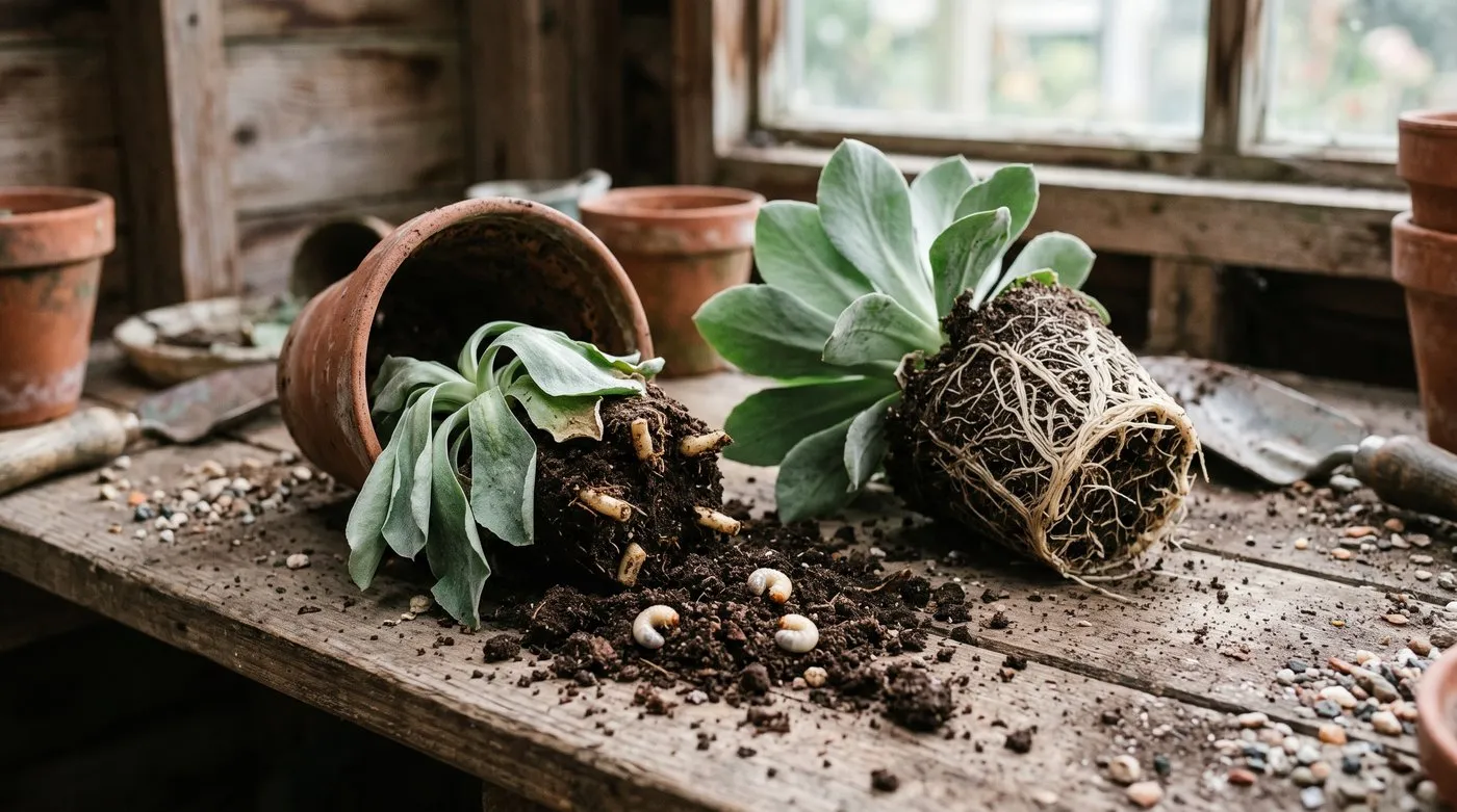 Auricula tipped from its pot showing roots eaten away and white C-shaped vine weevil grubs in the compost