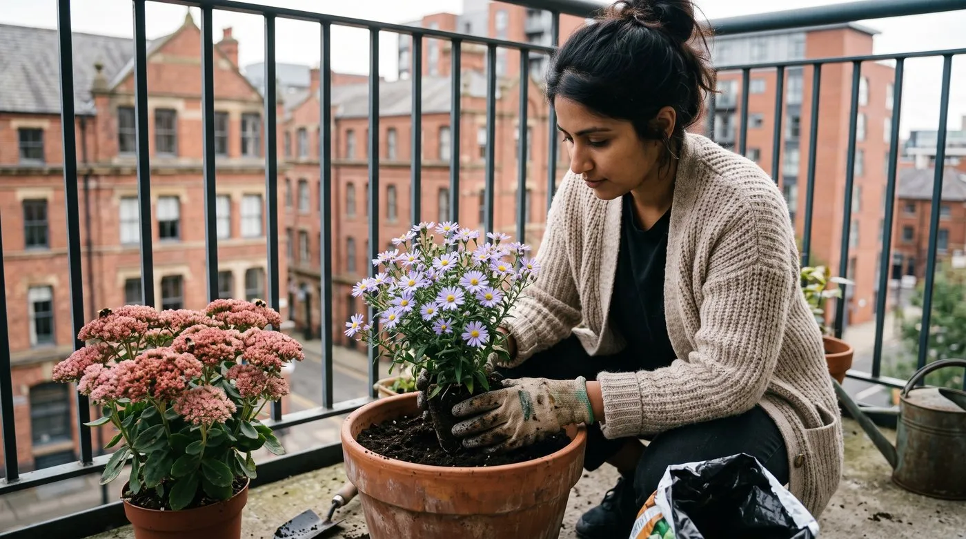 Woman planting a Michaelmas daisy in a terracotta pot on a city balcony beside a pot of pink sedum