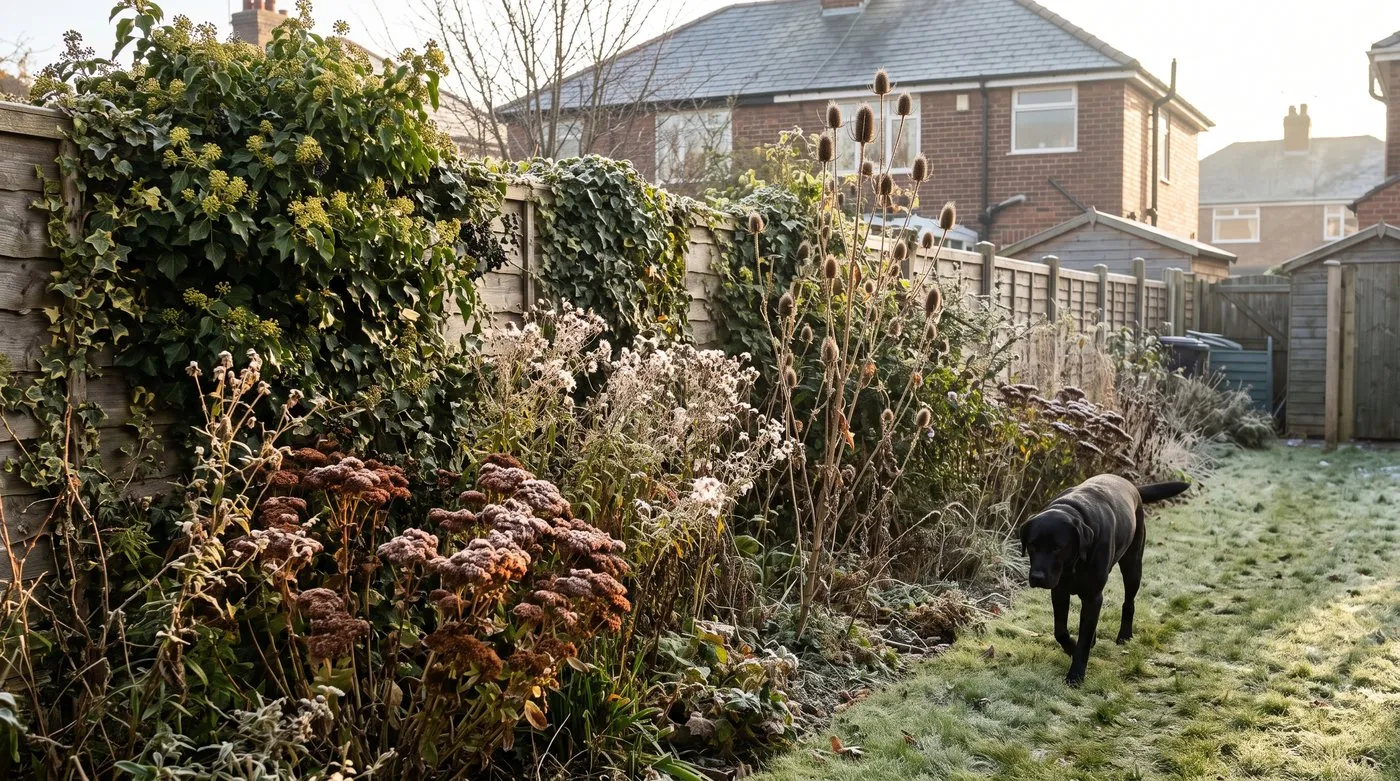 Frosty border of faded sedum, aster stems and seed heads left standing, with a black Labrador on the lawn