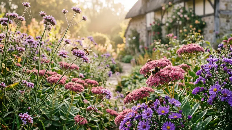Autumn flowering plants for bees with honeybees and a bumblebee feeding on sedum and verbena in a UK garden