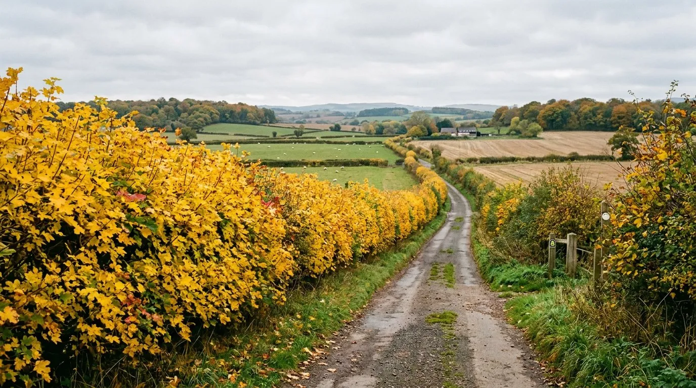 Best trees for autumn colour UK displaying a field maple hedge turning golden yellow along a rural English lane
