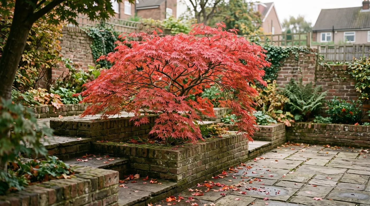 Japanese maple Osakazuki with bright scarlet autumn leaves in a sheltered UK terraced back garden