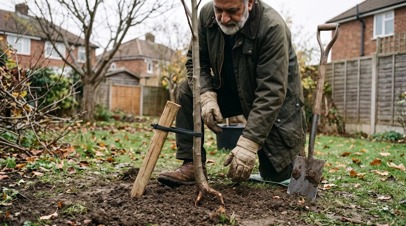 Man firming soil around a newly planted autumn colour tree with an angled stake and the root flare at soil level